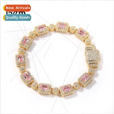 Gold-plated new copper inlaid pink zirconia hip-hop bracelet