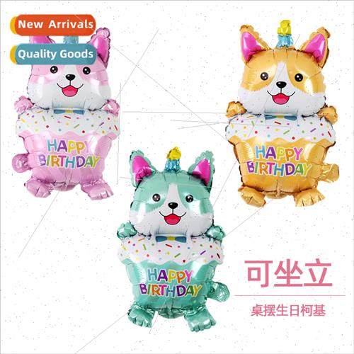 Cartoon table arrangement birthday corgi hold cake birthday