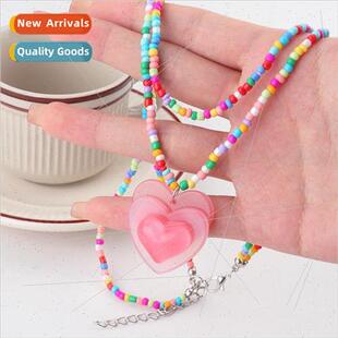 Double Layers Pink Peach Heart Necklace Colorful Beaded Neck