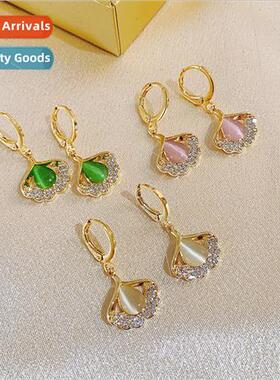 New S925 silver pin cat eye stone ginkgo biloba earrings ear