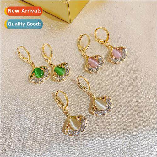 New S925 silver pin cat eye stone ginkgo biloba earrings ear