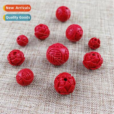 Cinnabar Carved Lotus Blossom Blessing Round Beads Accessori