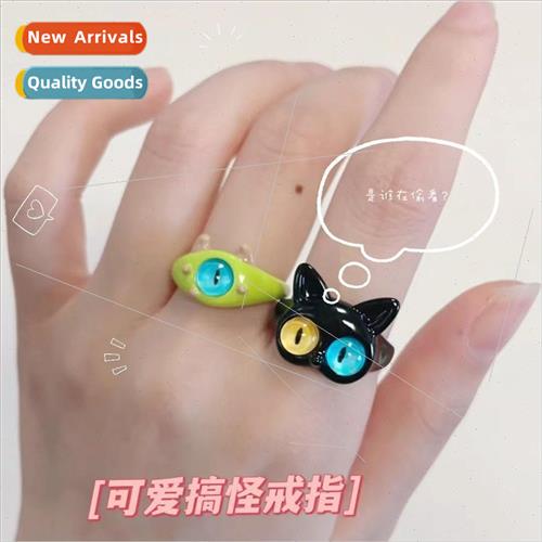 Fashion quirky black cat ltle monster ring big eyes boy swee