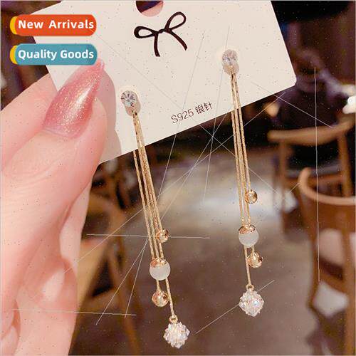 s925 silver pin high-end cat eye stone long earrings female