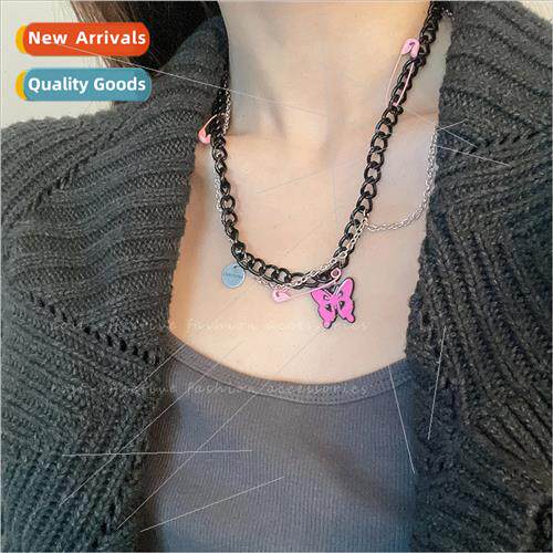 Spice Girls Black Chain Pin Pink Butterfly Necklace che Coll
