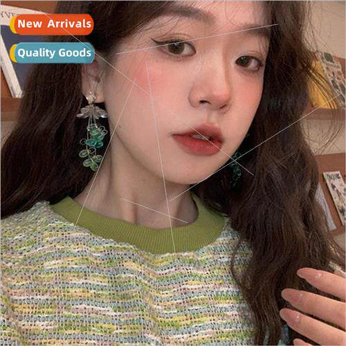 French Green Vintage Crystal Tassel Flower Earrings che Ears