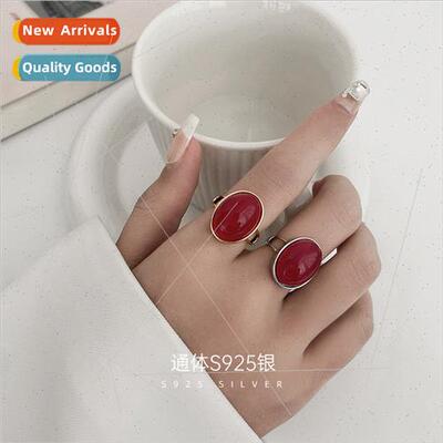 S925 silver French geometric southern red ring female vintag