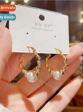 French retro simple wave round pearl earring clasp niche ele