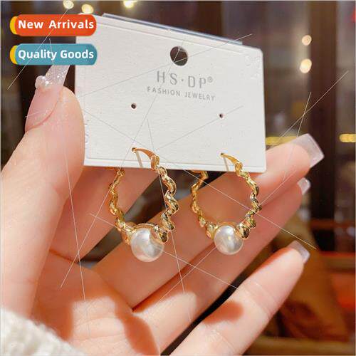 French retro simple wave round pearl earring clasp niche ele