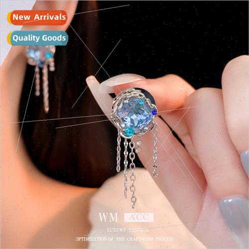 lver needle inlaid diamond blue round tassel earrings niche