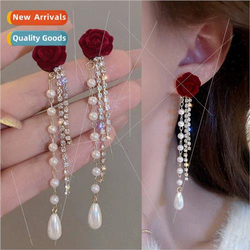 Camellia tassel earrings red velvet long earrings 2023 new b