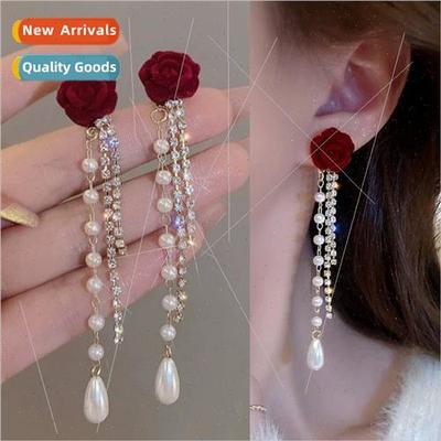 Camellia tassel earrings red velvet long earrings 2023 new b