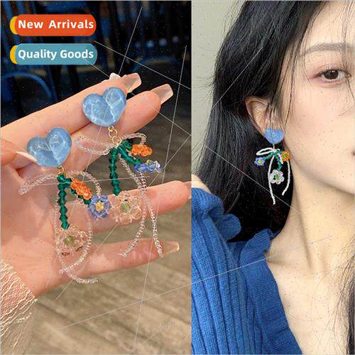 Blue Beaded Crystal Flower Earrings Bowknot Female 2023 Stud