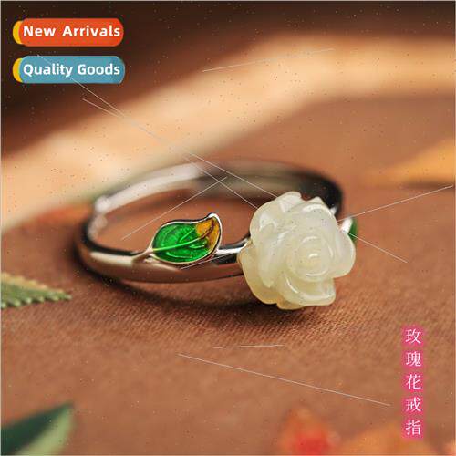Vintage anti alabaster rose ancient open ring female enamel