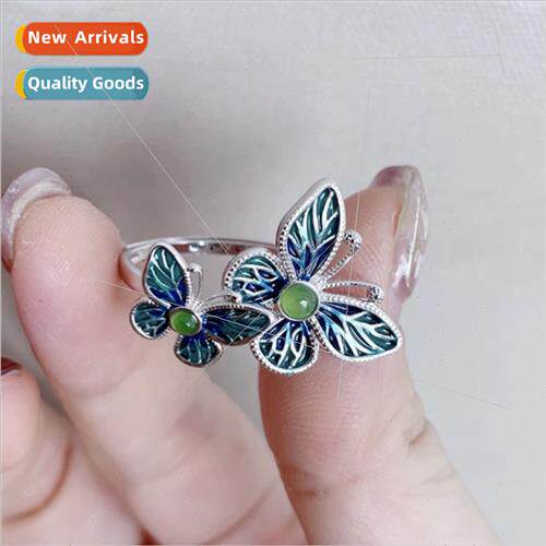 Enamel color craft double butterfly ring female retro ethnic