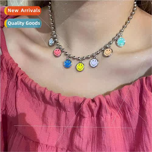 Summer new dopamine multi-color smiley tanium steel necklace