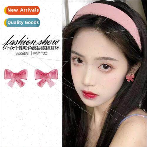Pink bow earrings 2023 new tide small delicate cute earrings