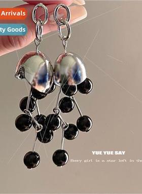 Black Wind Chime Metal Bell Orchid Beaded Tassel Earrings ch