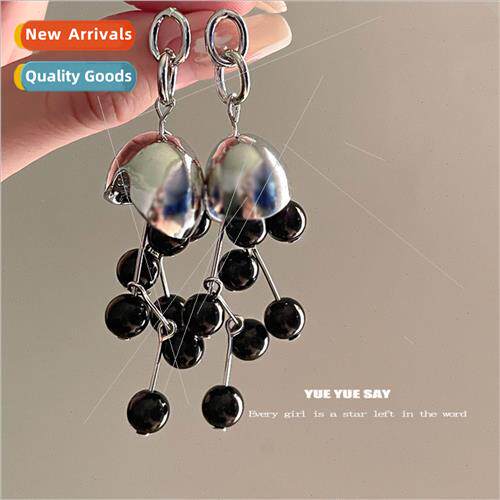 Black Wind Chime Metal Bell Orchid Beaded Tassel Earrings ch