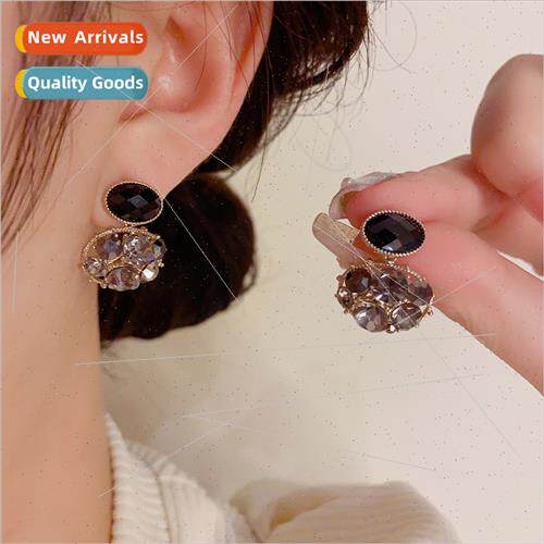 Fall winter black oval full diamond earrings s925 silver pin