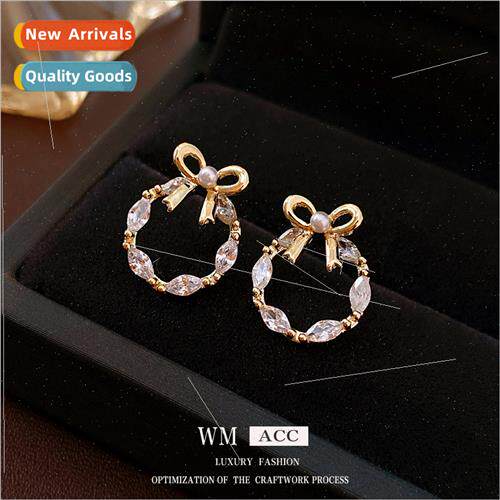 silver pin zirconia bow circle earrings Korea sweet delicate