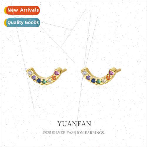 925 silver Colorful Zirconia Curved Small Earrings Female Eu