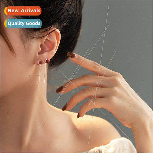 S925 silver natural cinnabar tassel earwires female square r
