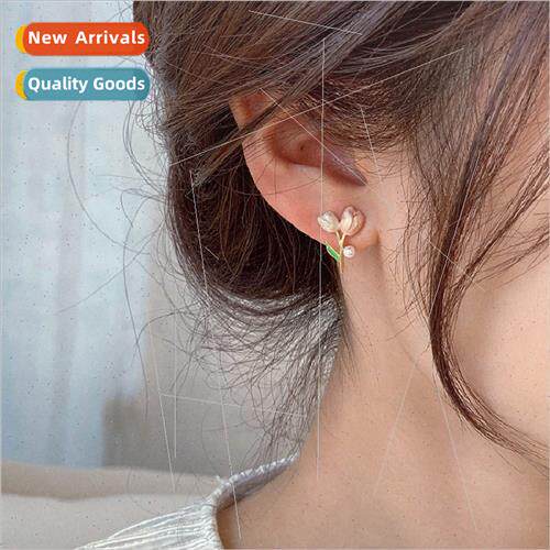 Pink tulip earrings summer pearl earrings female niche earri