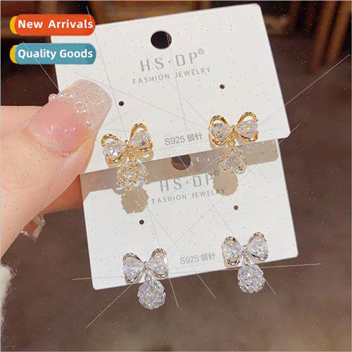 Mori small cute delicate bow hanging zirconia earrings s925