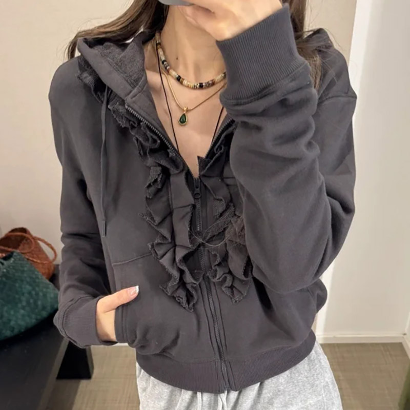 高品质 小众潮牌YY褶皱荷叶边拉链连帽卫衣开衫外套女25秋冬