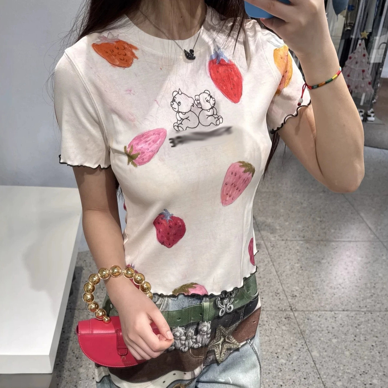 高品 小众涂鸦独角小熊爱心碎花草莓印花修身短袖T恤上衣 26新款