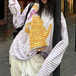 高品原定 小众YY马年限定晕染涂鸦宽松套头长袖T恤上衣女26早春