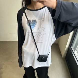 高品原定 小众YY爱心字母撞色插肩袖长袖T恤宽松休闲上衣26早春