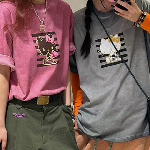 高品 T恤猫咪图案宽松上衣女26早春 小众三色做旧kitty印花短袖