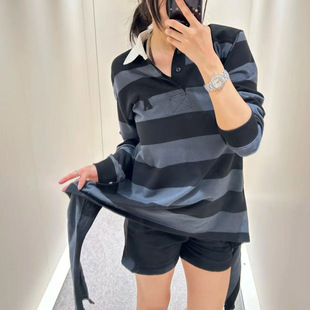 高品质 上衣女25早秋 小众YY下摆系带撞色条纹POLO领宽松长袖 T恤衫