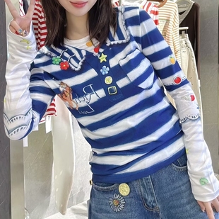 高品原定 条纹3D打印马元素图案修身显瘦长袖T恤打底衫上衣26早春