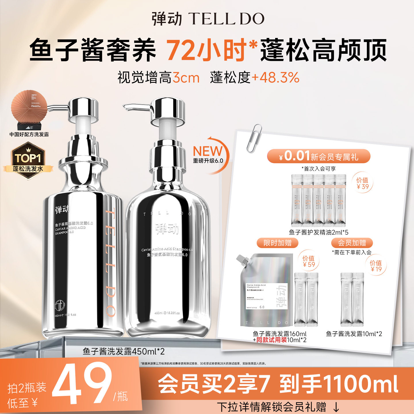 弹动鱼子酱氨基酸玻尿酸洗发水套装控油蓬松洗头膏露持久留香滋养