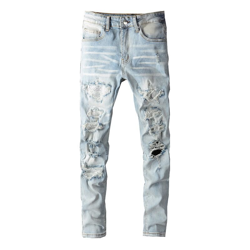 Men's casual ripped skinny jeans欧美潮男士休闲破洞紧身牛仔裤
