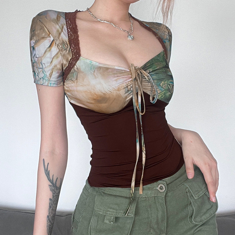 纯欲风复古印花撞色显瘦短袖上衣