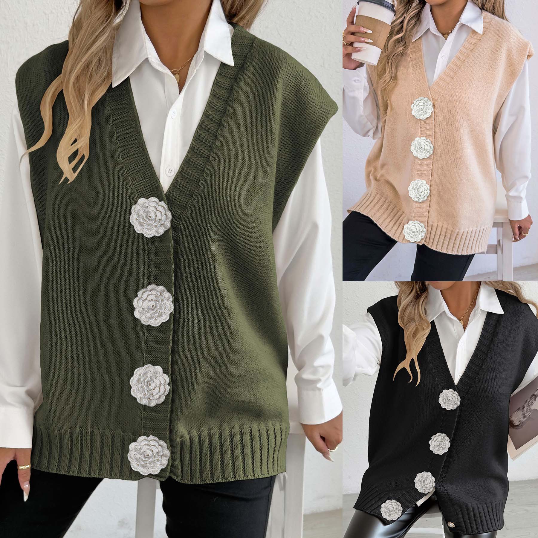 女士针织背心宽松开衫毛衣马甲