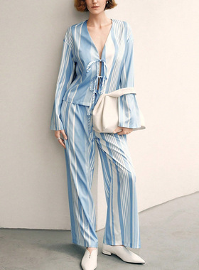 Straightleg longpants pajama set条纹长袖衬衫直筒长裤套装睡衣