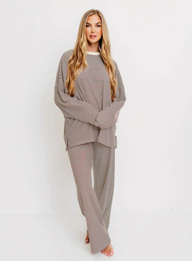 Striped pajama pants set女装条纹休闲睡衣睡裤子家居服长裤套装