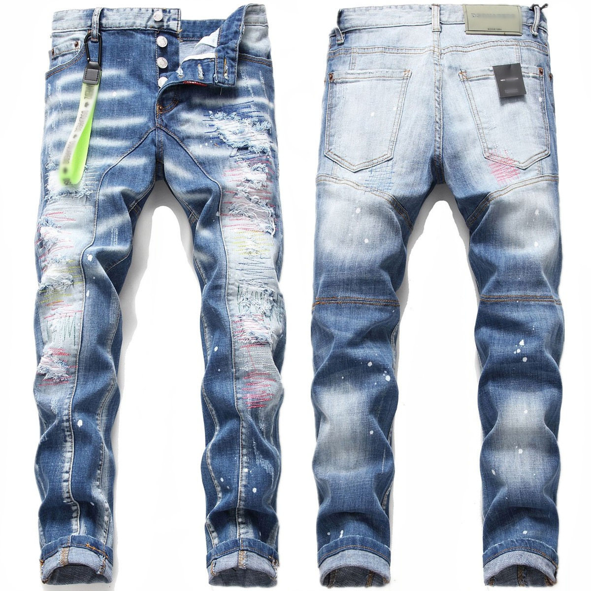 mens skinny stretch splash beggar jeans紧身弹力喷溅牛仔裤男