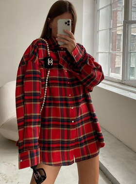 欧美格子衬衫时尚休闲红色格纹外搭衬衣Fashionable casual shirt