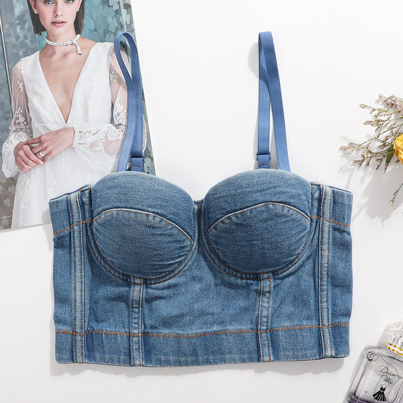 牛仔吊带背心美背女内衣鱼骨夜店抹胸Denim suspender bra Top up