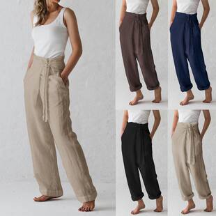 Solid cotton and linen trousers 日系复古系带高腰棉麻纯色长裤