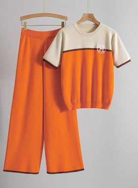 Shortsleeve top knitted trousers拼色短袖上衣针织长裤宽松套装