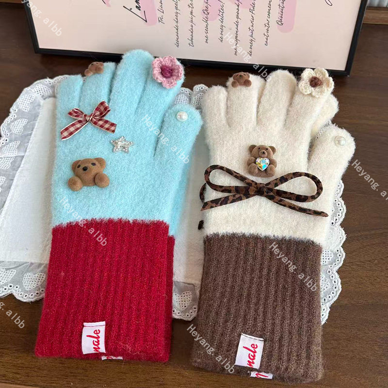 韩版新款时尚卡通毛线针织手套可爱小熊冬季户外防寒保暖指套