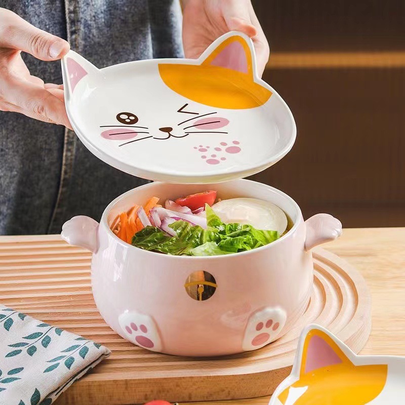 日式可爱陶瓷泡面碗带盖学生宿舍饭碗汤碗双耳面碗大号餐具沙拉碗