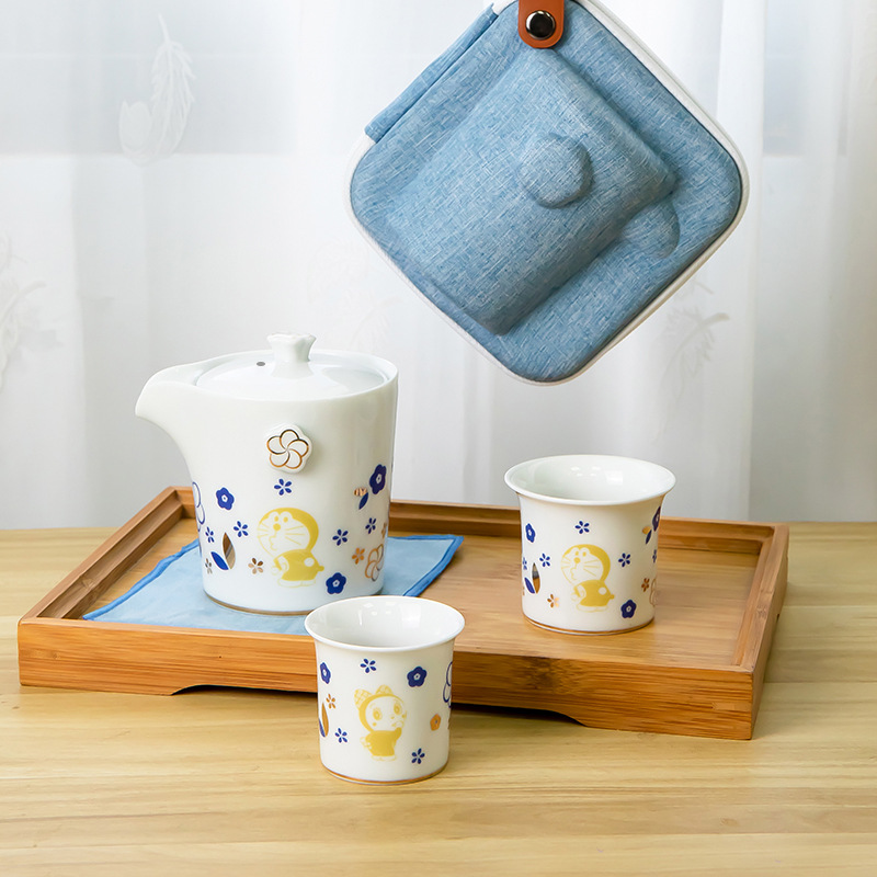 哆啦A梦茶具旅行套装式轻巧易携带户外喝茶具自带陶瓷茶具包Q